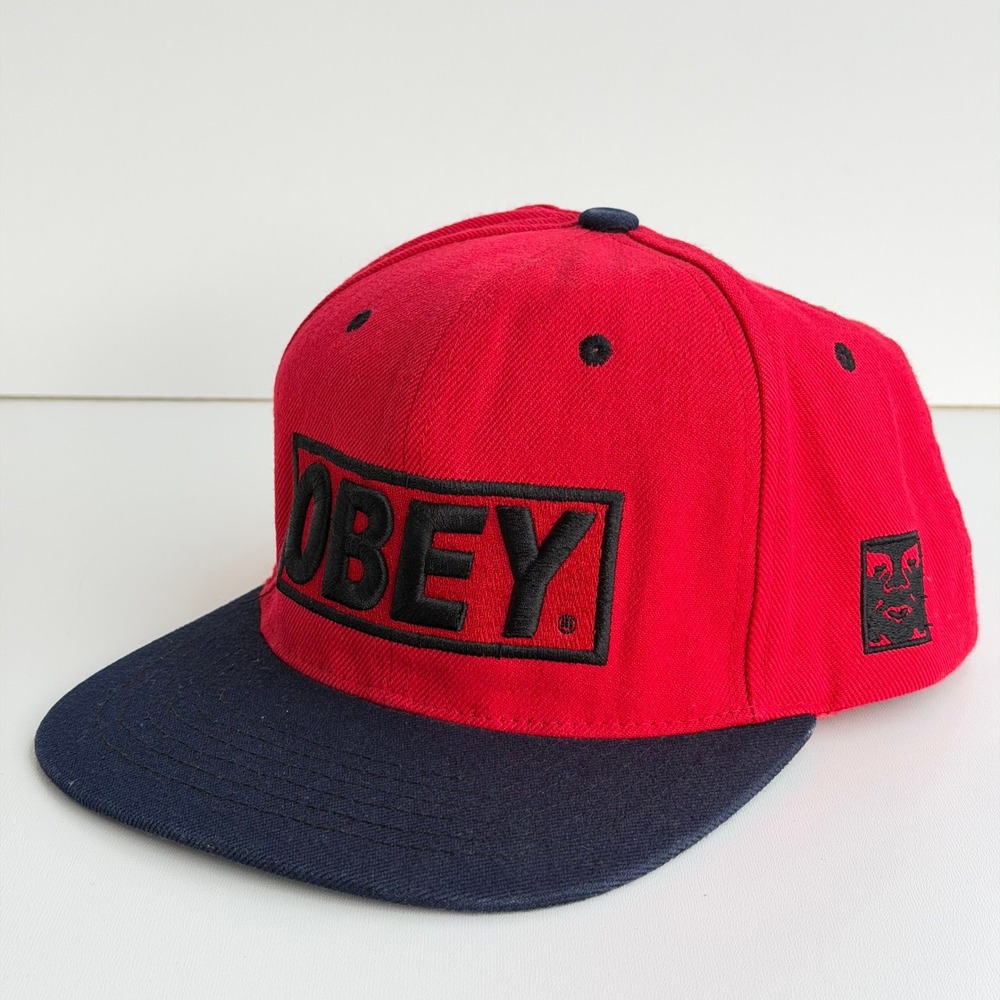Obey Box Logo Snapback Hat Red/Navy Embroidered Baseball Cap Skater Y2K